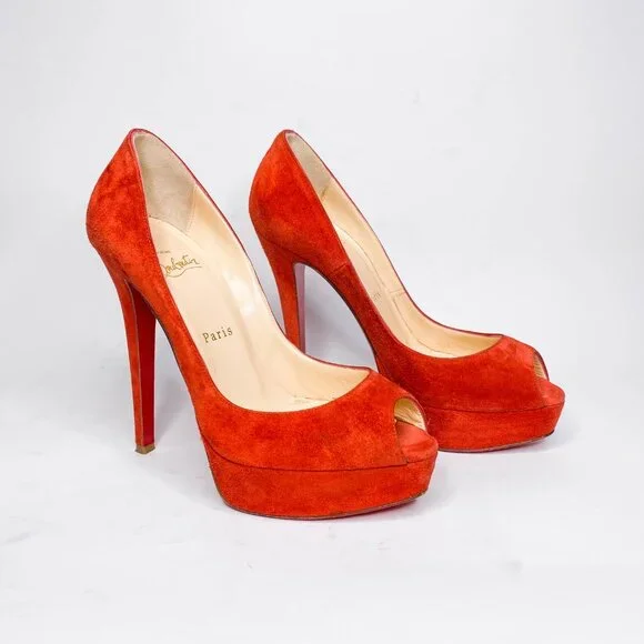 Christian Louboutin Fiery Red Peep-Toe Heels - Picture 3 of 10